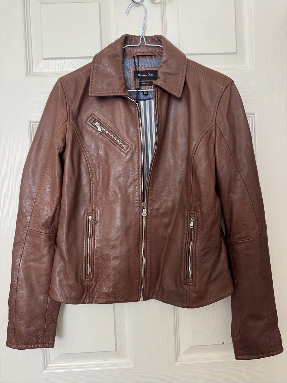 Massimo Dutti Brown Genuine Leather Moto/Biker Zip Jacket Size M